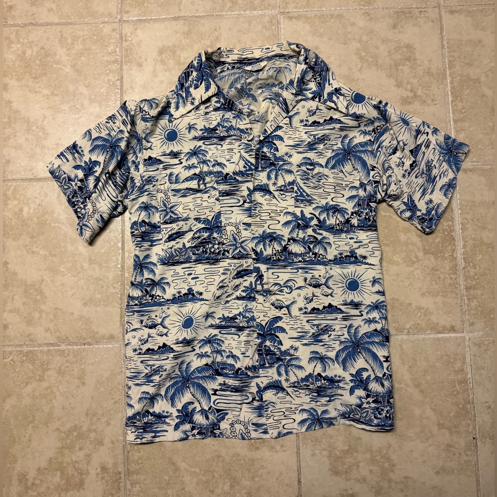 1950s Block California Sof-Tone Hawaiian Shirt | Blue Tiki Rayon M Rockabilly